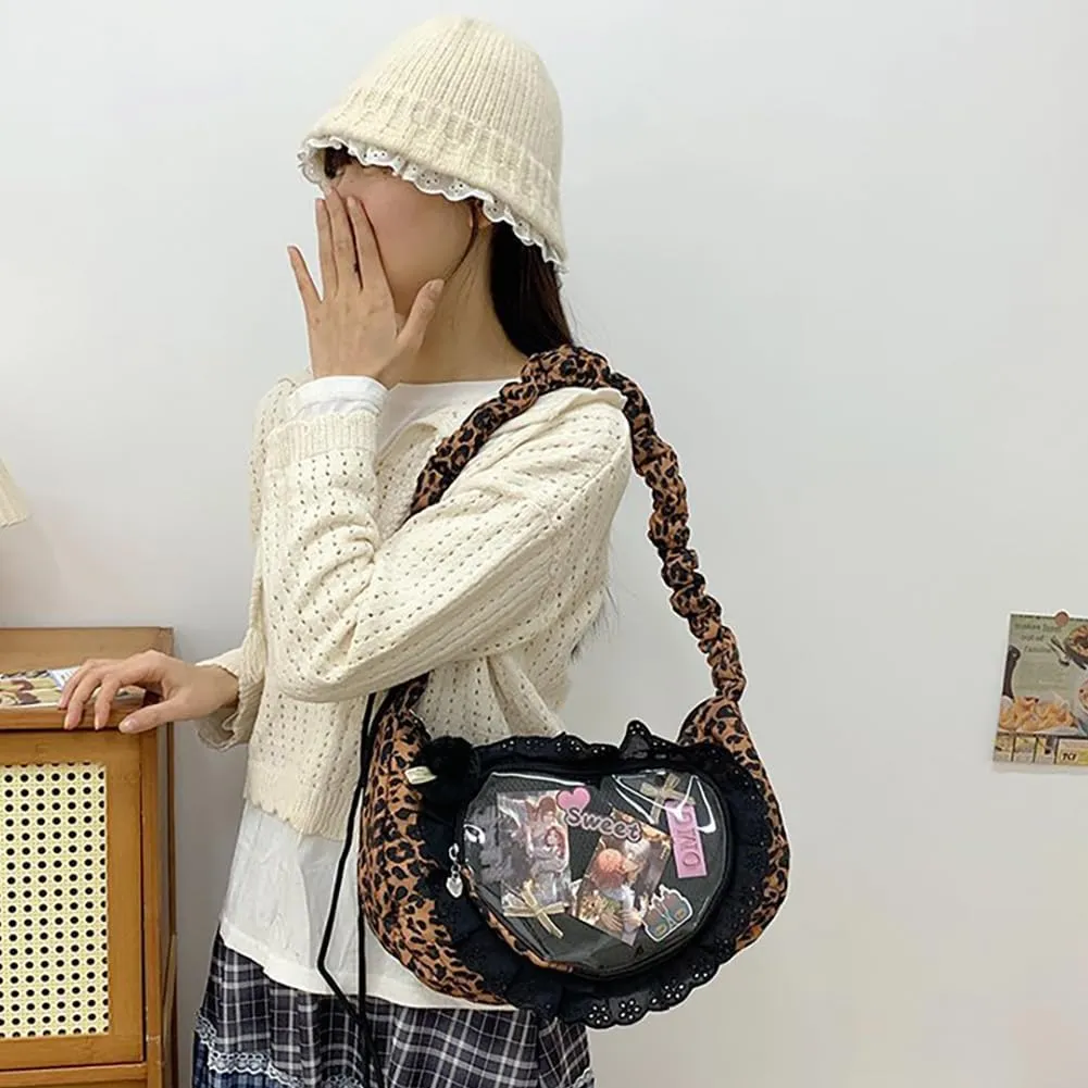 Ita Bag Dumpling Shaped Love Lace Shoulder Bag, Japanese Cute Quilted Satchel Drawstring Crossbody Purse, Clear Window Tote