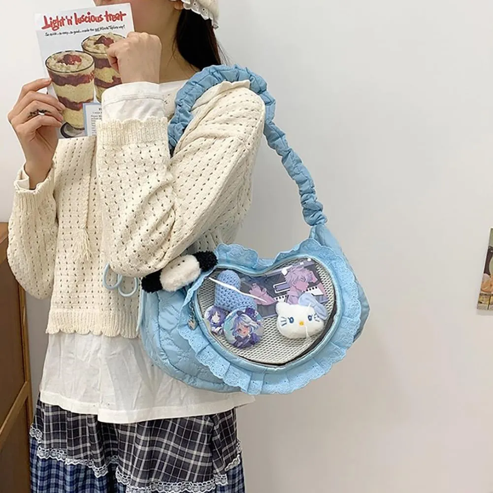 Ita Bag Dumpling Shaped Love Lace Shoulder Bag, Japanese Cute Quilted Satchel Drawstring Crossbody Purse, Clear Window Tote