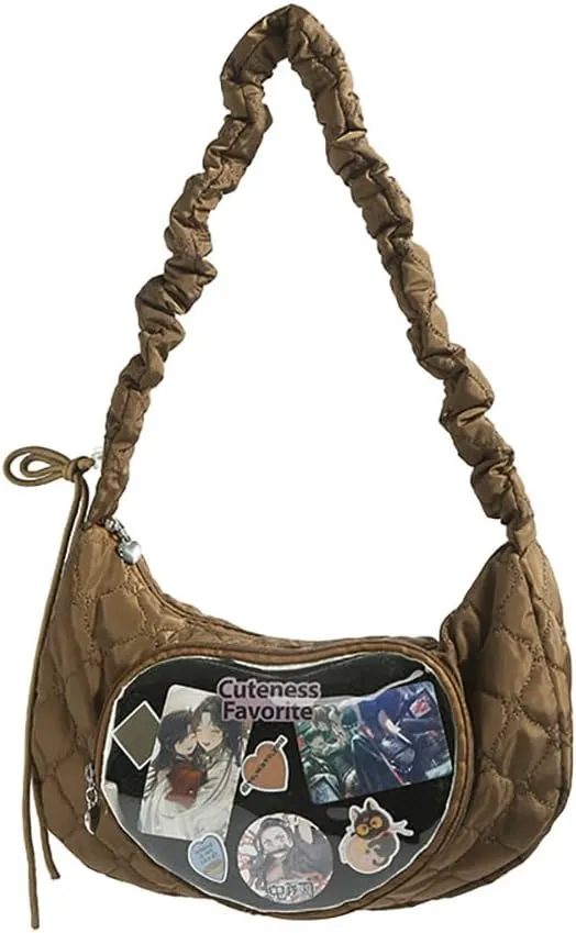 Ita Bag Dumpling Shaped Love Lace Shoulder Bag, Japanese Cute Quilted Satchel Drawstring Crossbody Purse, Clear Window Tote