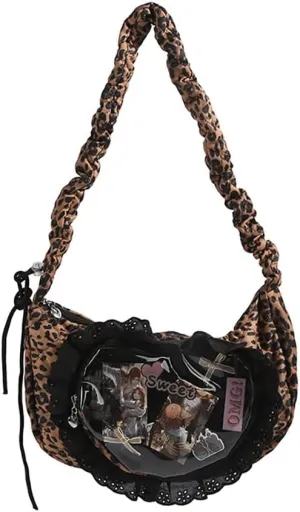 Ita Bag Dumpling Shaped Love Lace Shoulder Bag, Japanese Cute Quilted Satchel Drawstring Crossbody Purse, Clear Window Tote