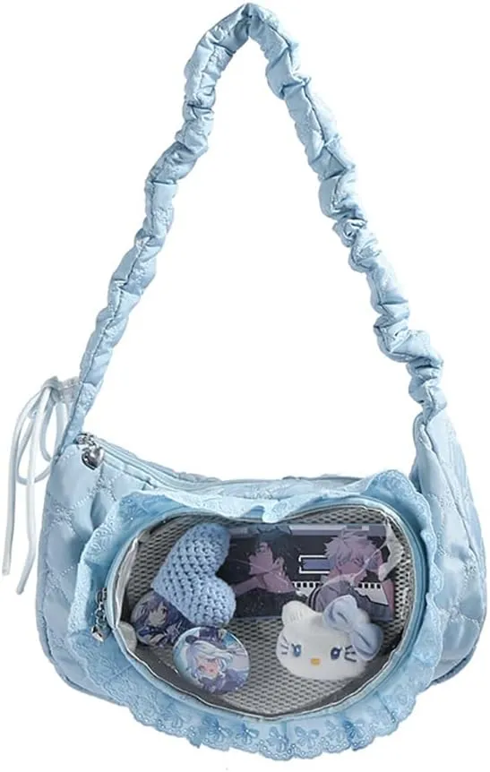 Ita Bag Dumpling Shaped Love Lace Shoulder Bag, Japanese Cute Quilted Satchel Drawstring Crossbody Purse, Clear Window Tote