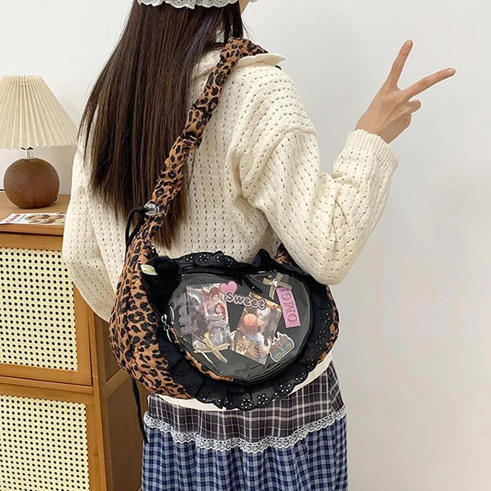 Ita Bag Dumpling Shaped Love Lace Shoulder Bag, Japanese Cute Quilted Satchel Drawstring Crossbody Purse, Clear Window Tote