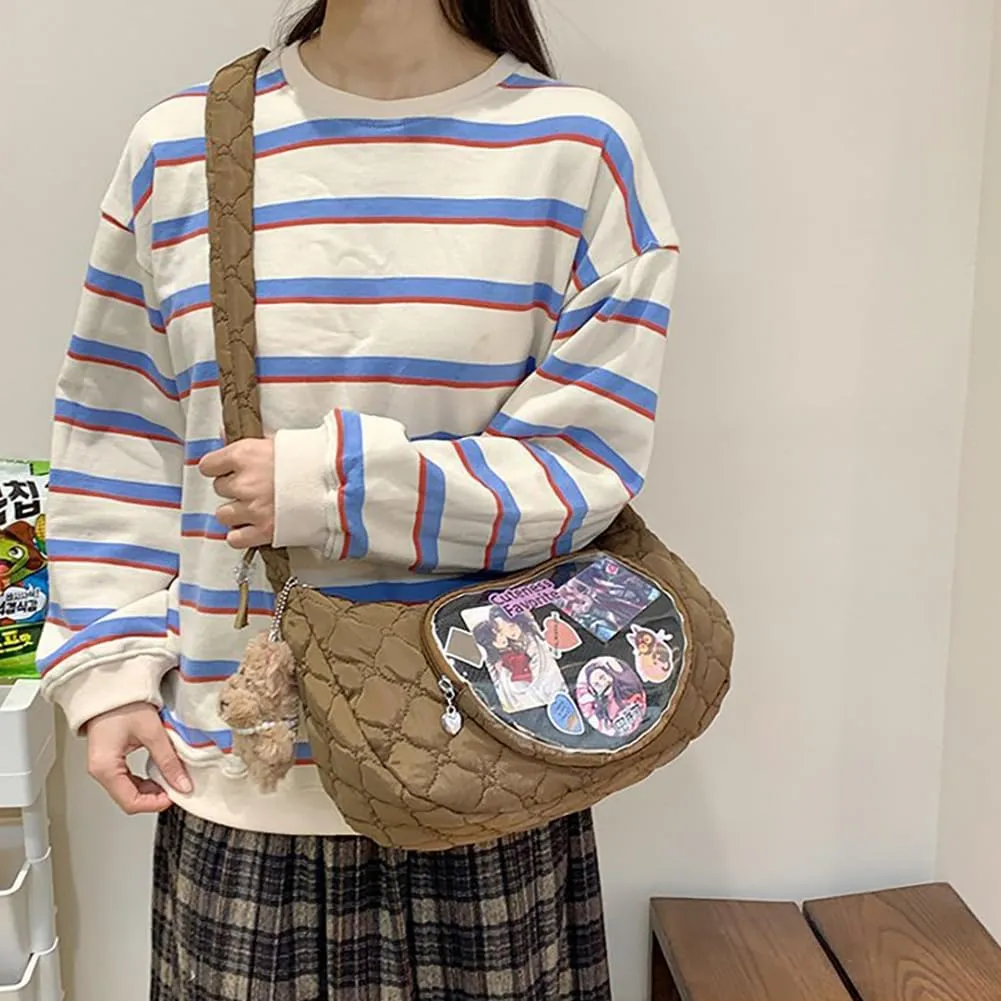 Ita Bag Dumpling Shaped Love Lace Shoulder Bag, Japanese Cute Quilted Satchel Drawstring Crossbody Purse, Clear Window Tote