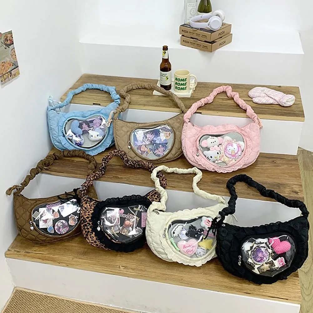 Ita Bag Dumpling Shaped Love Lace Shoulder Bag, Japanese Cute Quilted Satchel Drawstring Crossbody Purse, Clear Window Tote