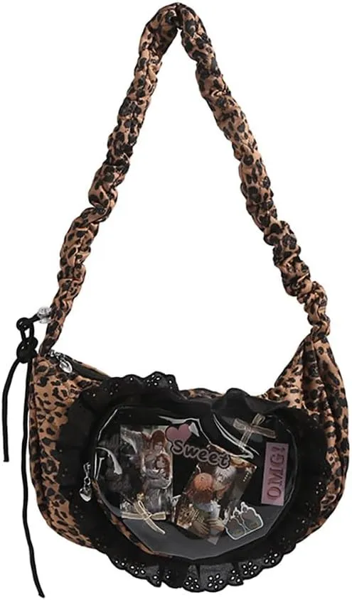 Ita Bag Dumpling Shaped Love Lace Shoulder Bag, Japanese Cute Quilted Satchel Drawstring Crossbody Purse, Clear Window Tote