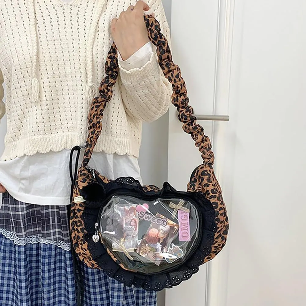 Ita Bag Dumpling Shaped Love Lace Shoulder Bag, Japanese Cute Quilted Satchel Drawstring Crossbody Purse, Clear Window Tote