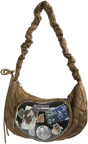 Ita Bag Dumpling Shaped Love Lace Shoulder Bag, Japanese Cute Quilted Satchel Drawstring Crossbody Purse, Clear Window Tote