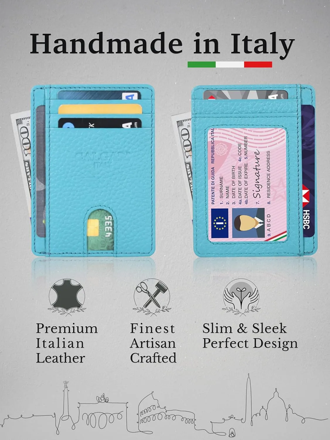 Italian Luxury Leather Minimalist Wallets | For Men and Women (Aqua Turquoise)