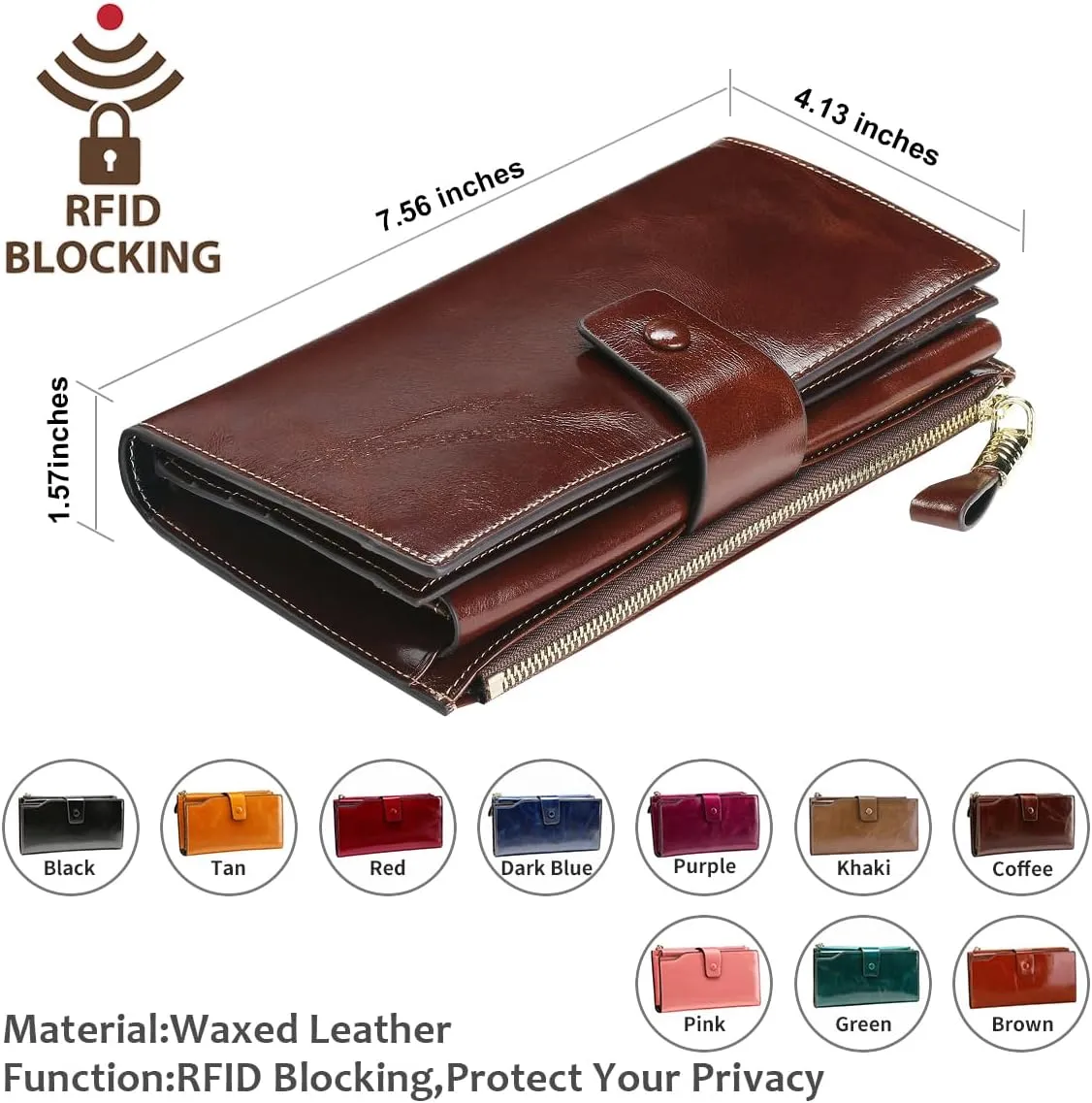 Itslife Womens Wallet RFID Blocking Large Capacity Luxury Wax Genuine Leather Wallets Clutch Wallet Ladies Card holder, Coffee