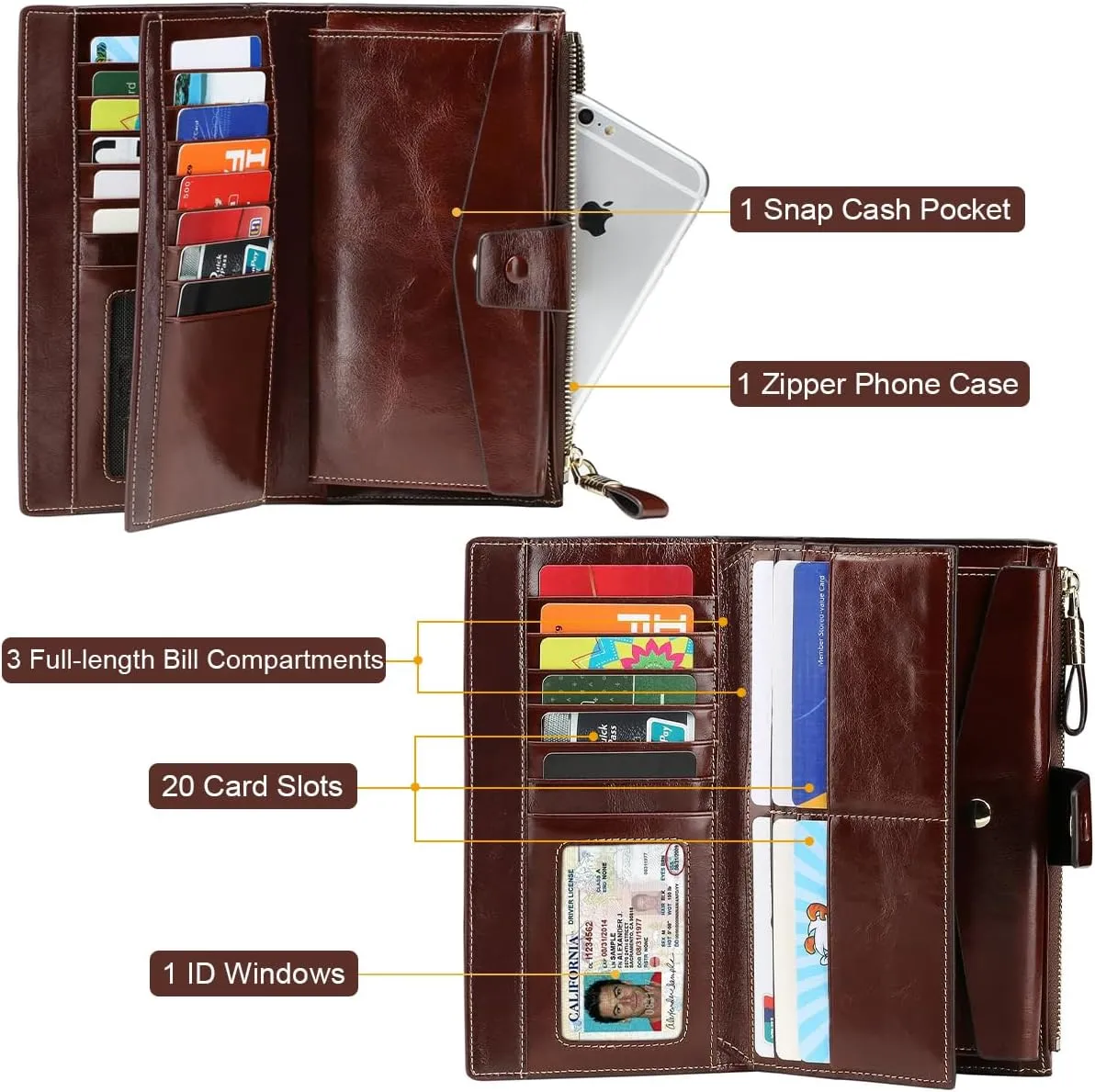 Itslife Womens Wallet RFID Blocking Large Capacity Luxury Wax Genuine Leather Wallets Clutch Wallet Ladies Card holder, Coffee