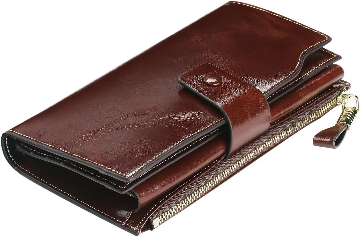 Itslife Womens Wallet RFID Blocking Large Capacity Luxury Wax Genuine Leather Wallets Clutch Wallet Ladies Card holder, Coffee