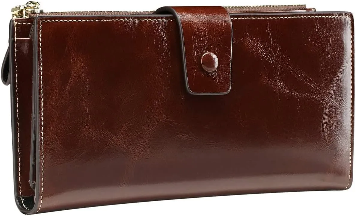 Itslife Womens Wallet RFID Blocking Large Capacity Luxury Wax Genuine Leather Wallets Clutch Wallet Ladies Card holder, Coffee