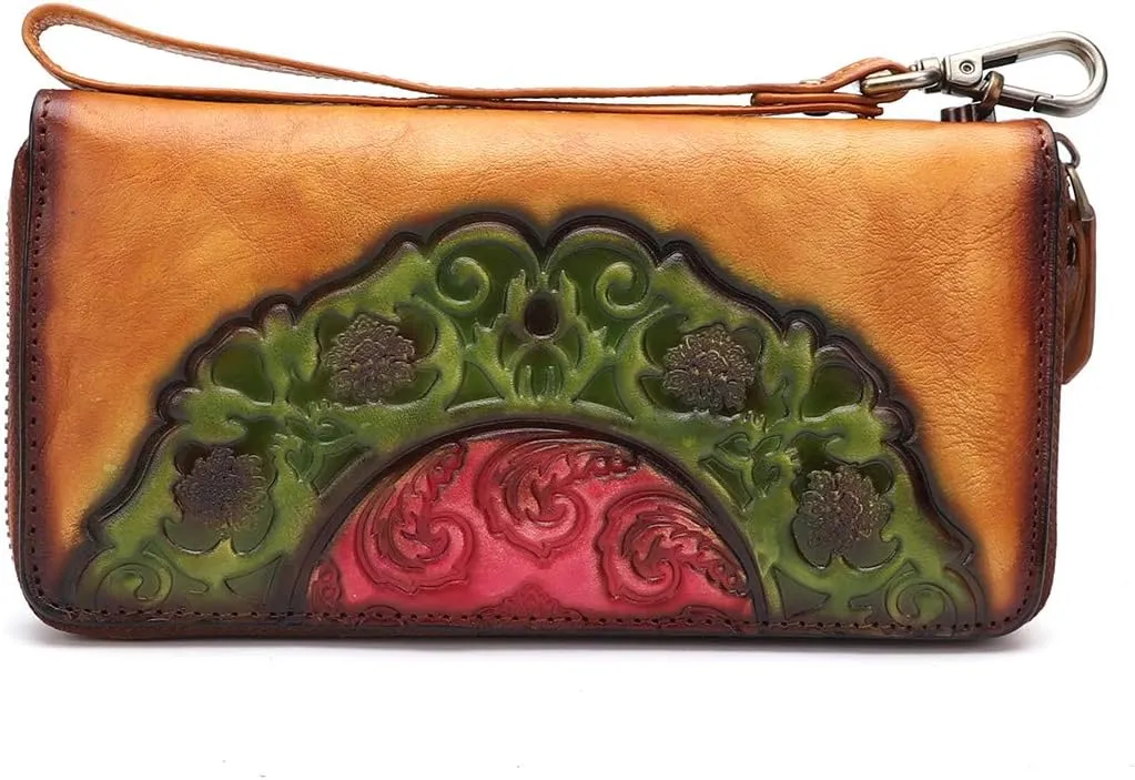 IVTG Genuine Leather Wallets for Women Long Purse Vintage Embossing Cowhide Handmade Small Clutch (Brown)