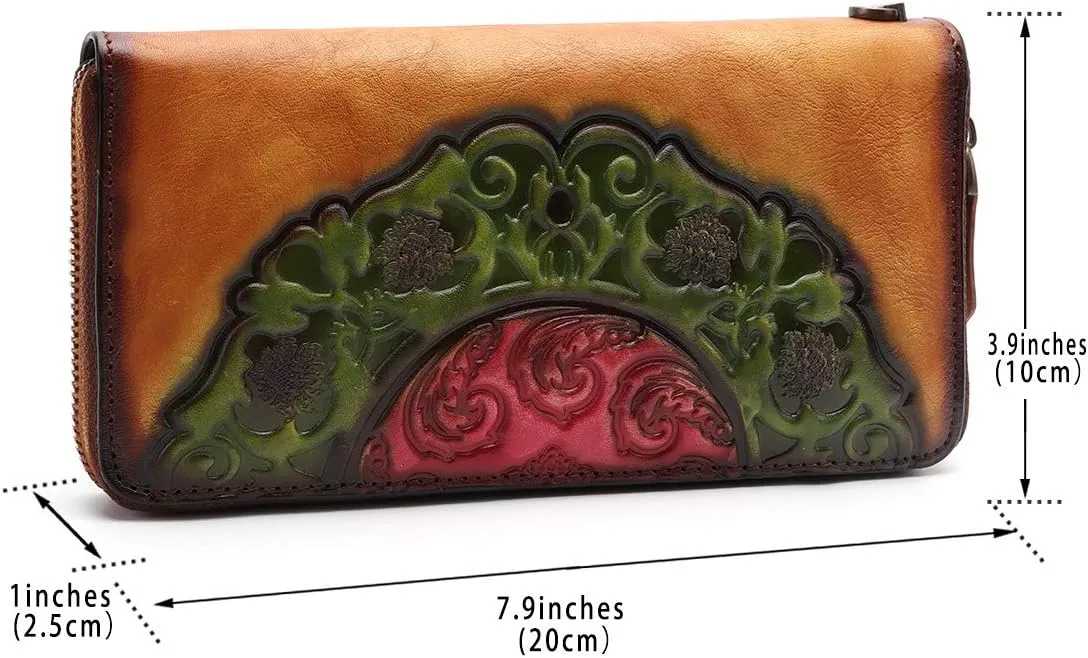 IVTG Genuine Leather Wallets for Women Long Purse Vintage Embossing Cowhide Handmade Small Clutch (Brown)
