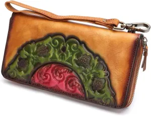 IVTG Genuine Leather Wallets for Women Long Purse Vintage Embossing Cowhide Handmade Small Clutch (Brown)