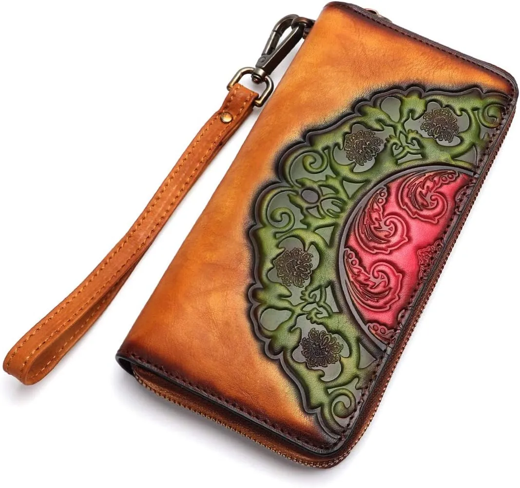 IVTG Genuine Leather Wallets for Women Long Purse Vintage Embossing Cowhide Handmade Small Clutch (Brown)