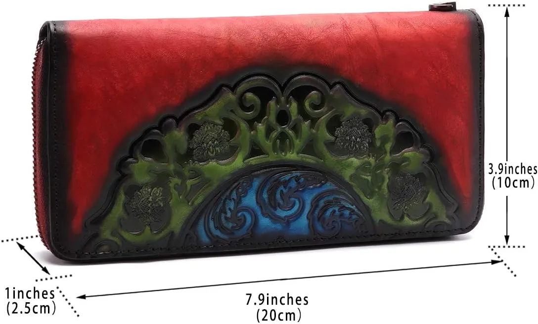 IVTG Genuine Leather Wallets for Women Long Purse Vintage Embossing Cowhide Handmade Small Clutch (Red)