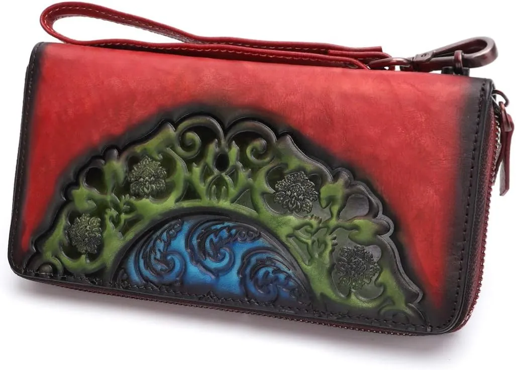 IVTG Genuine Leather Wallets for Women Long Purse Vintage Embossing Cowhide Handmade Small Clutch (Red)