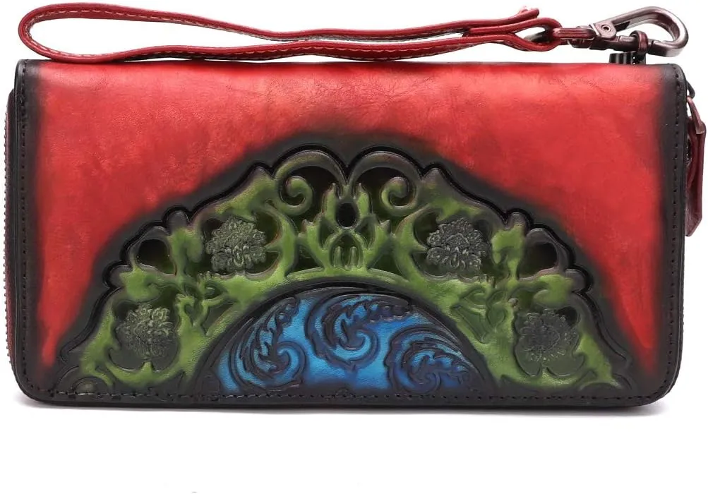 IVTG Genuine Leather Wallets for Women Long Purse Vintage Embossing Cowhide Handmade Small Clutch (Red)