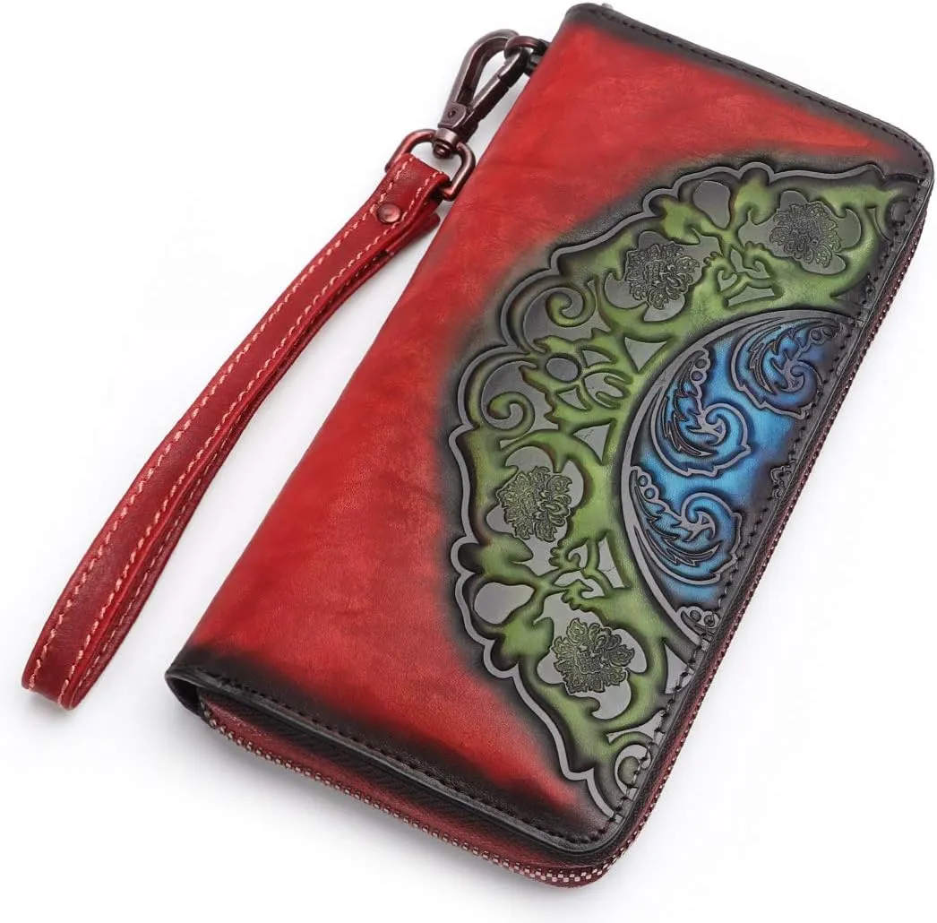 IVTG Genuine Leather Wallets for Women Long Purse Vintage Embossing Cowhide Handmade Small Clutch (Red)