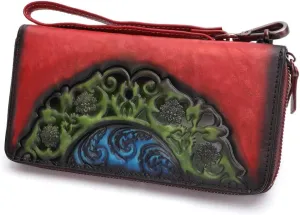 IVTG Genuine Leather Wallets for Women Long Purse Vintage Embossing Cowhide Handmade Small Clutch (Red)