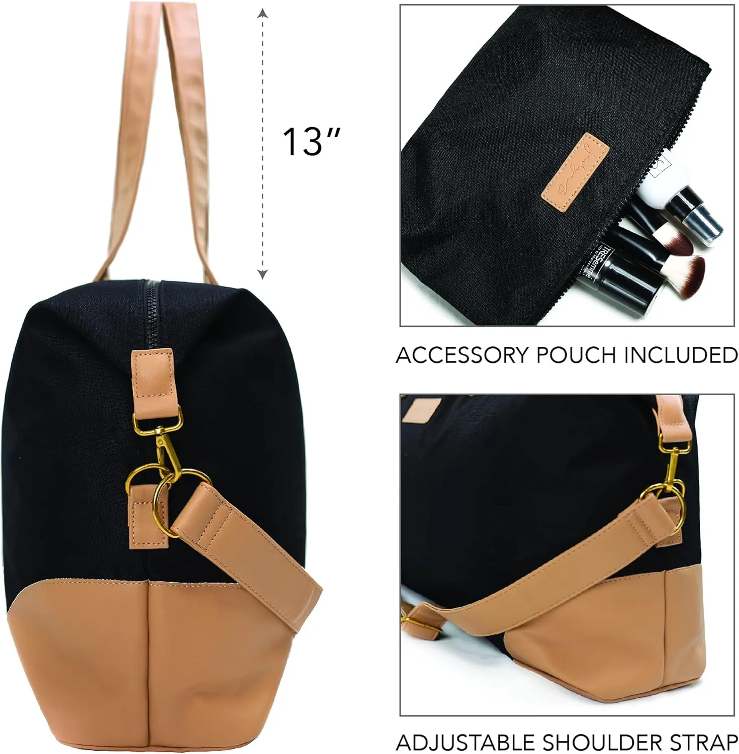 Jadyn Luna Women's Weekender Bag and Travel Duffel, Large 37 Liter Capacity (Black)