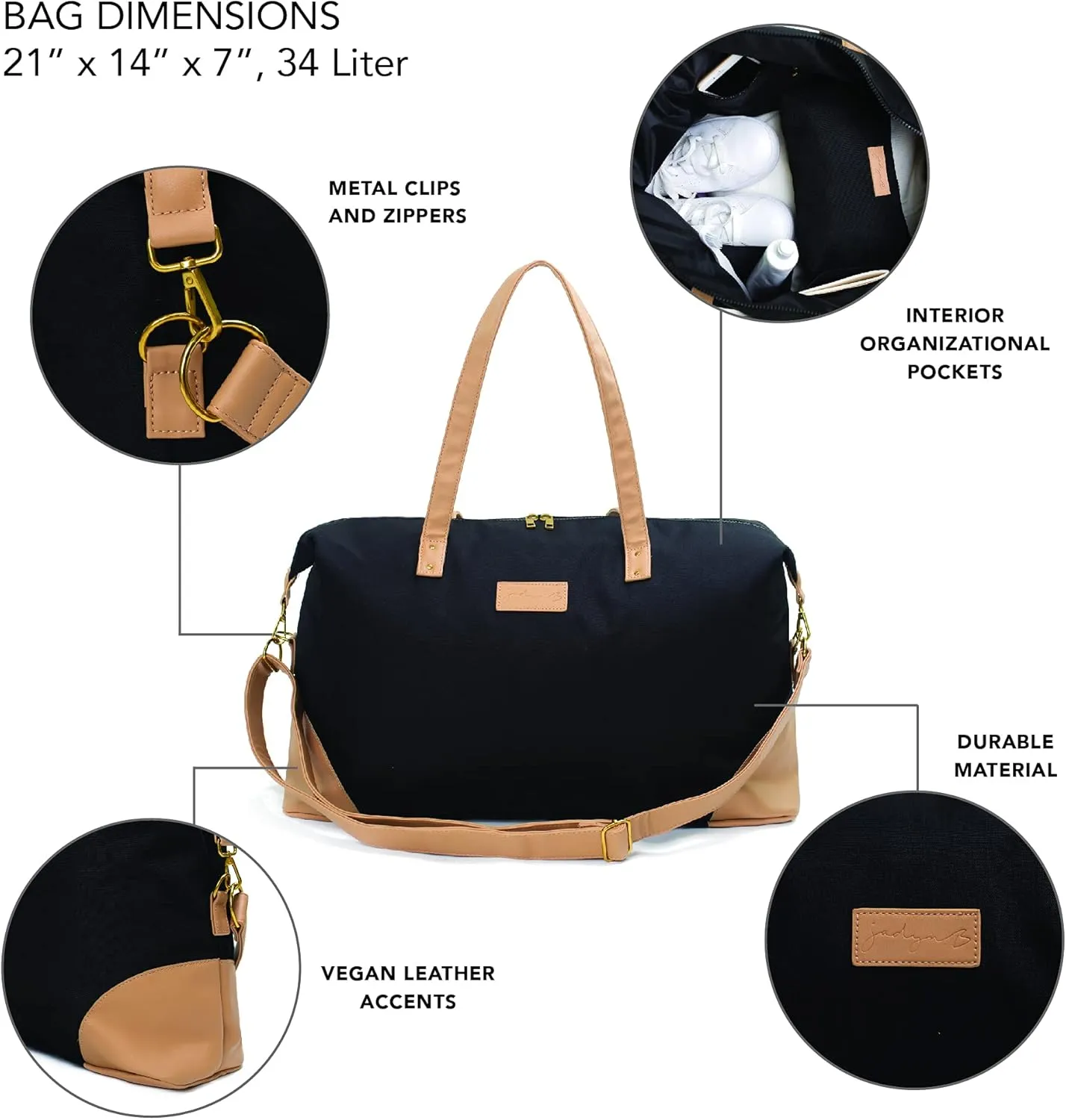Jadyn Luna Women's Weekender Bag and Travel Duffel, Large 37 Liter Capacity (Black)