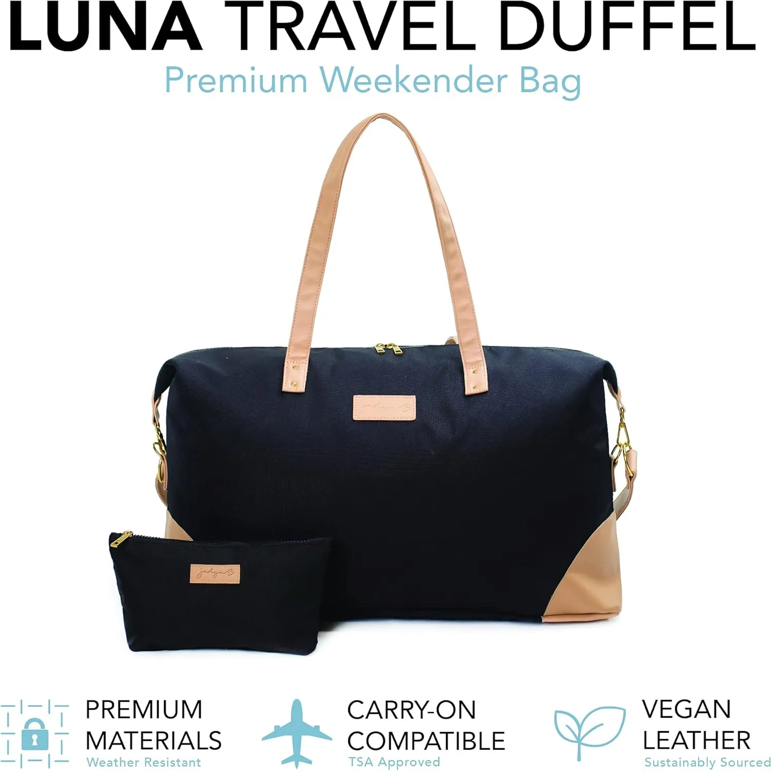 Jadyn Luna Women's Weekender Bag and Travel Duffel, Large 37 Liter Capacity (Black)