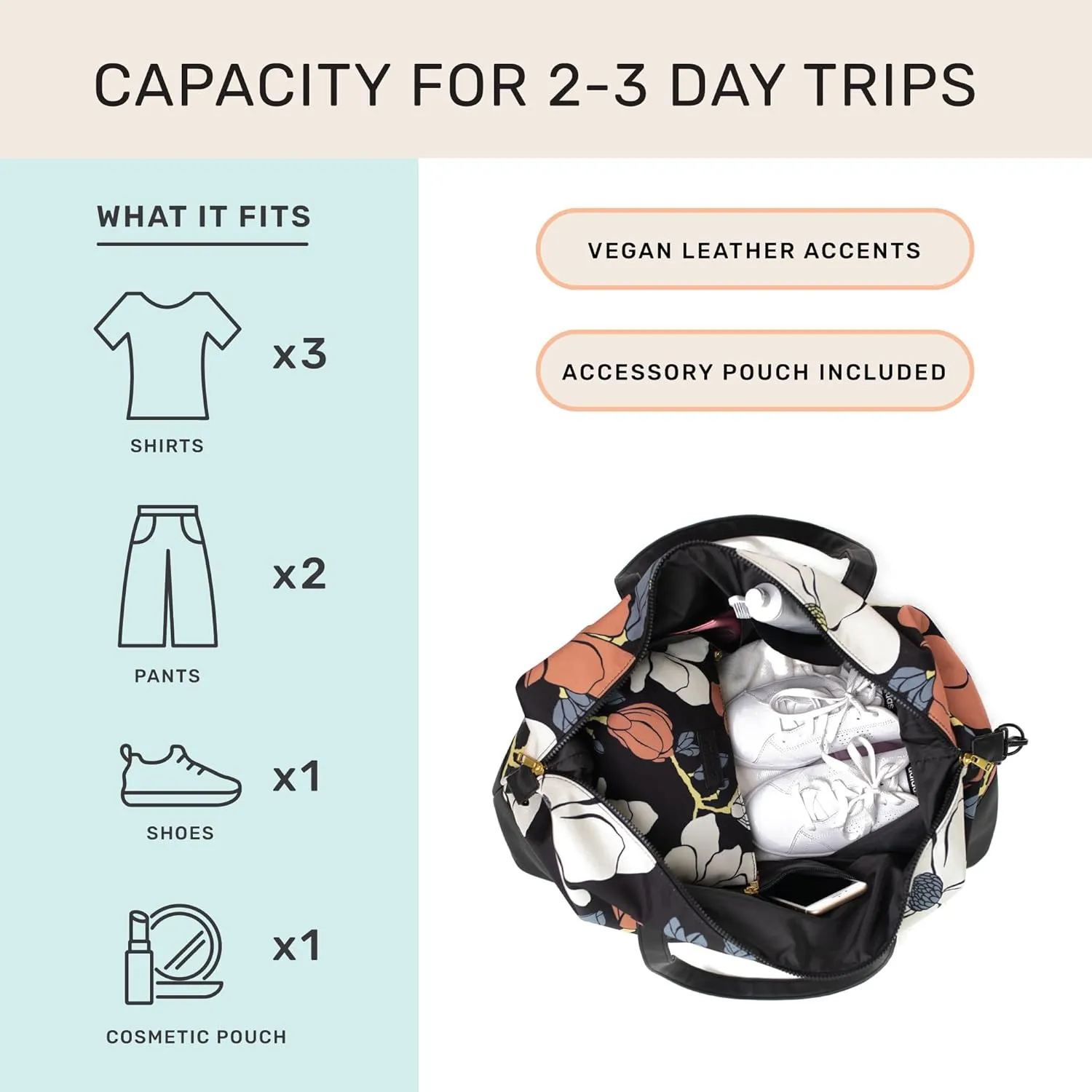 Jadyn Luna Women's Weekender Bag and Travel Duffel, Large 37 Liter Capacity (Magnolia Black)