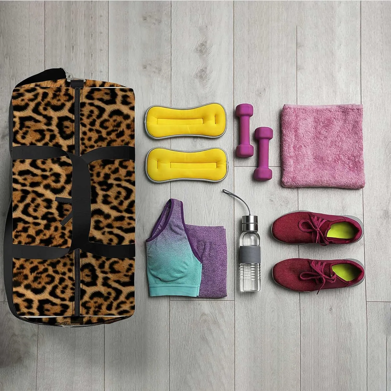 Jaguar Furry Texture Sports Duffel Bag Travel Gym Tote Bags Lightweight Durable Shoulder Strap Waterproof Polyester Outside Mesh Pocket Overnight Trip Duffel Bag for Women Men
