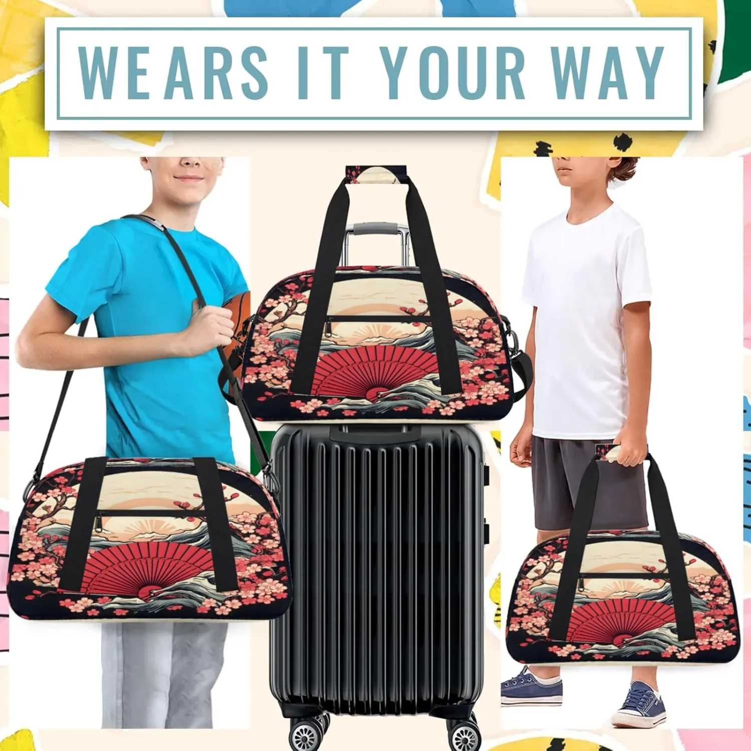 Japanese Style Small Gym Bag 18 inch Carry On Duffel Bag for Weekender Travel Sports Workout Yoga Gymnastics Dance Ballet