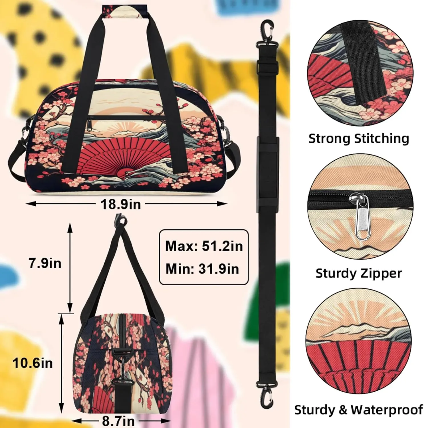 Japanese Style Small Gym Bag 18 inch Carry On Duffel Bag for Weekender Travel Sports Workout Yoga Gymnastics Dance Ballet