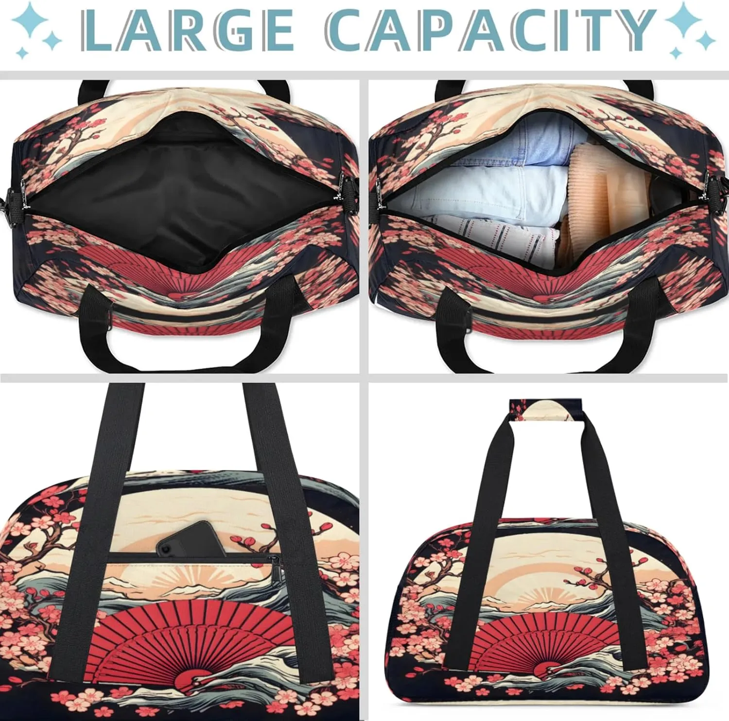 Japanese Style Small Gym Bag 18 inch Carry On Duffel Bag for Weekender Travel Sports Workout Yoga Gymnastics Dance Ballet