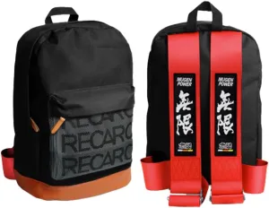 JDM Bride Recaro Racing Laptop Travel Backpack Brown Bottom with Adjustable Harness Straps (MUGEN-Red Strap)