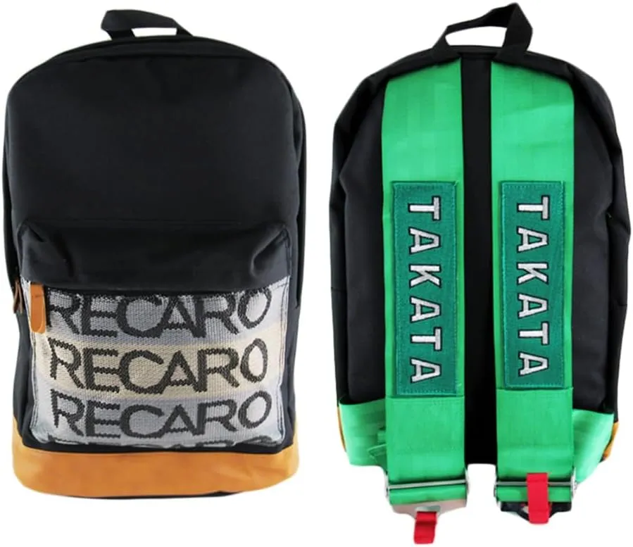 JDM Bride Recaro Racing Laptop Travel Backpack Brown Bottom with Adjustable Harness Straps (Recaro - Green TAK Strap)