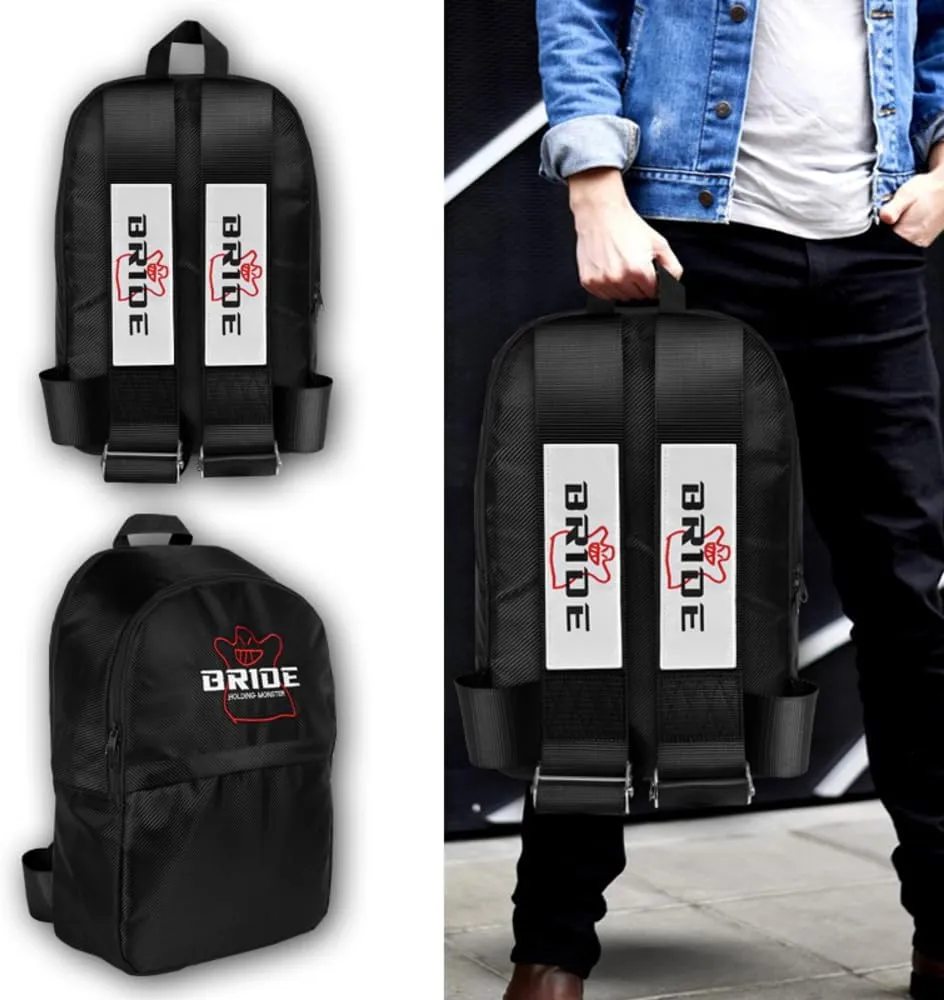 JDM Bride Recaro Racing Laptop Travel Backpack Carbon Fiber Style with Adjustable Harness Straps (Bride - Black Strap)