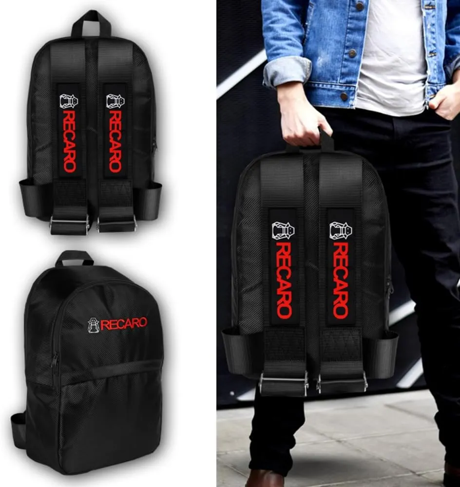 JDM Bride Recaro Racing Laptop Travel Backpack Carbon Fiber Style with Adjustable Harness Straps (RECARO-Black Strap)