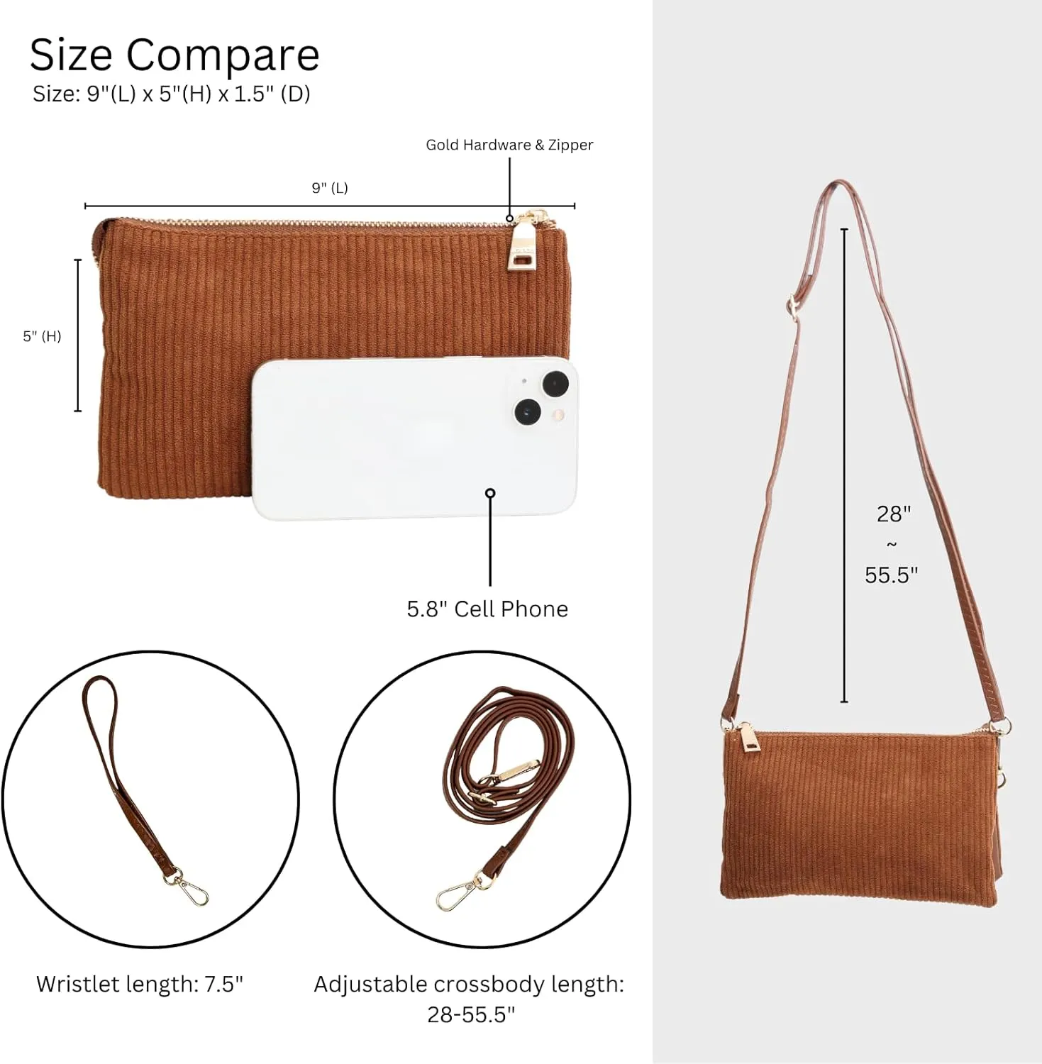 JEN & CO. Riley Corduroy Small Crossbody Bags Vegan Leather Wristlet Wallets Clutch Purses Shoulder Handbag for Women