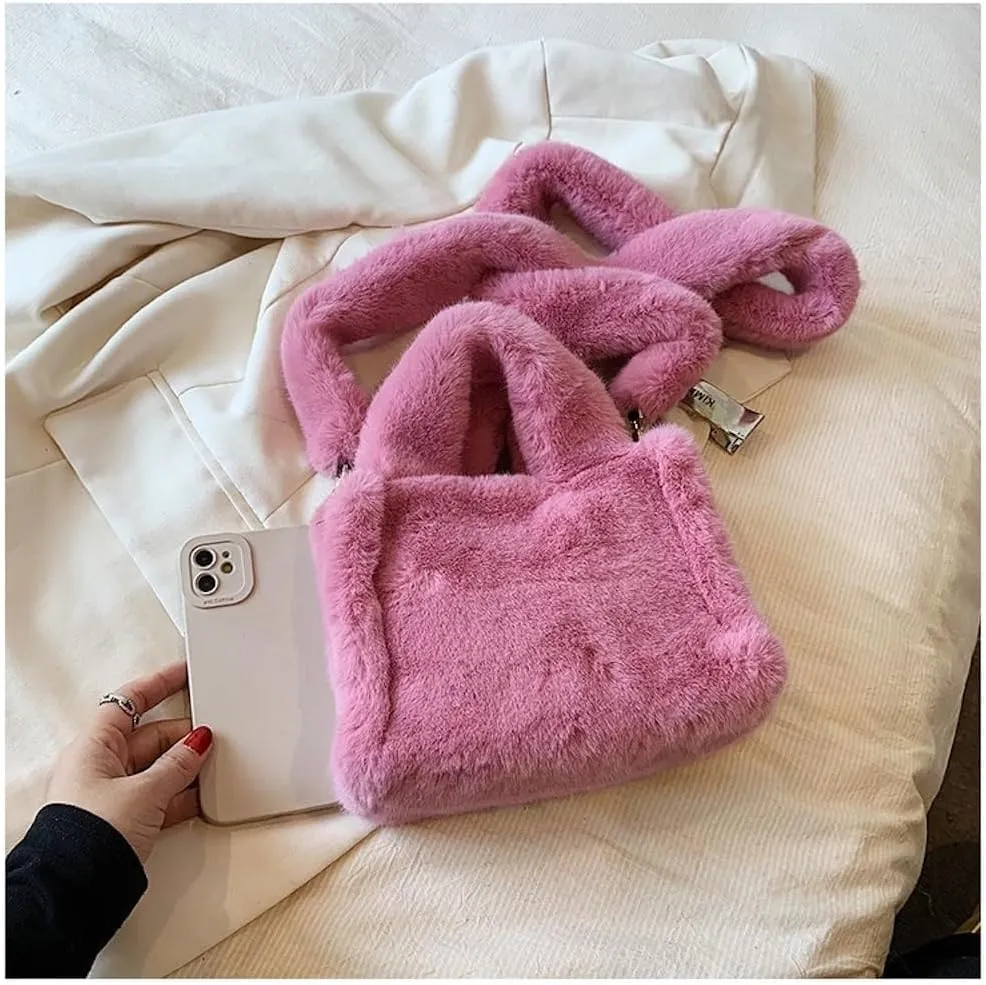 JHTPSLR Furry Tote Bag for Women - Soft Plush Crossbody Shoulder Bag - Winter Casual Fuzzy Tote