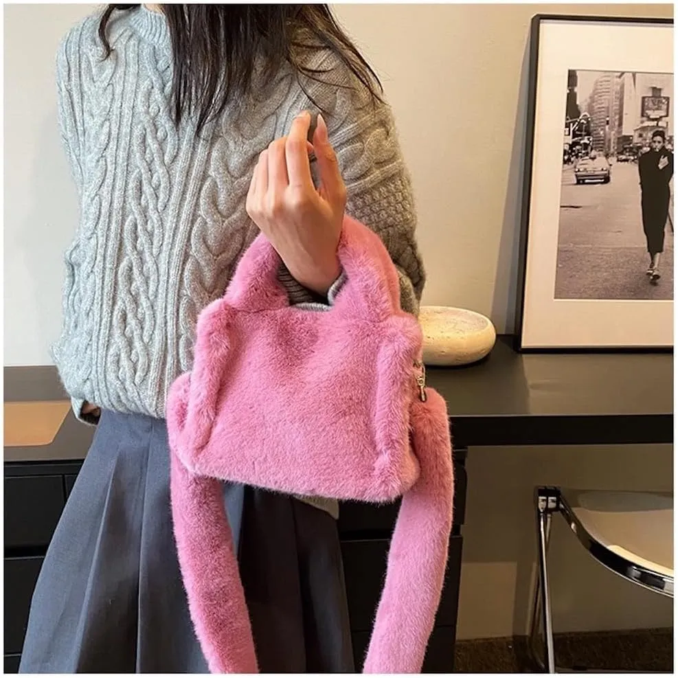 JHTPSLR Furry Tote Bag for Women - Soft Plush Crossbody Shoulder Bag - Winter Casual Fuzzy Tote