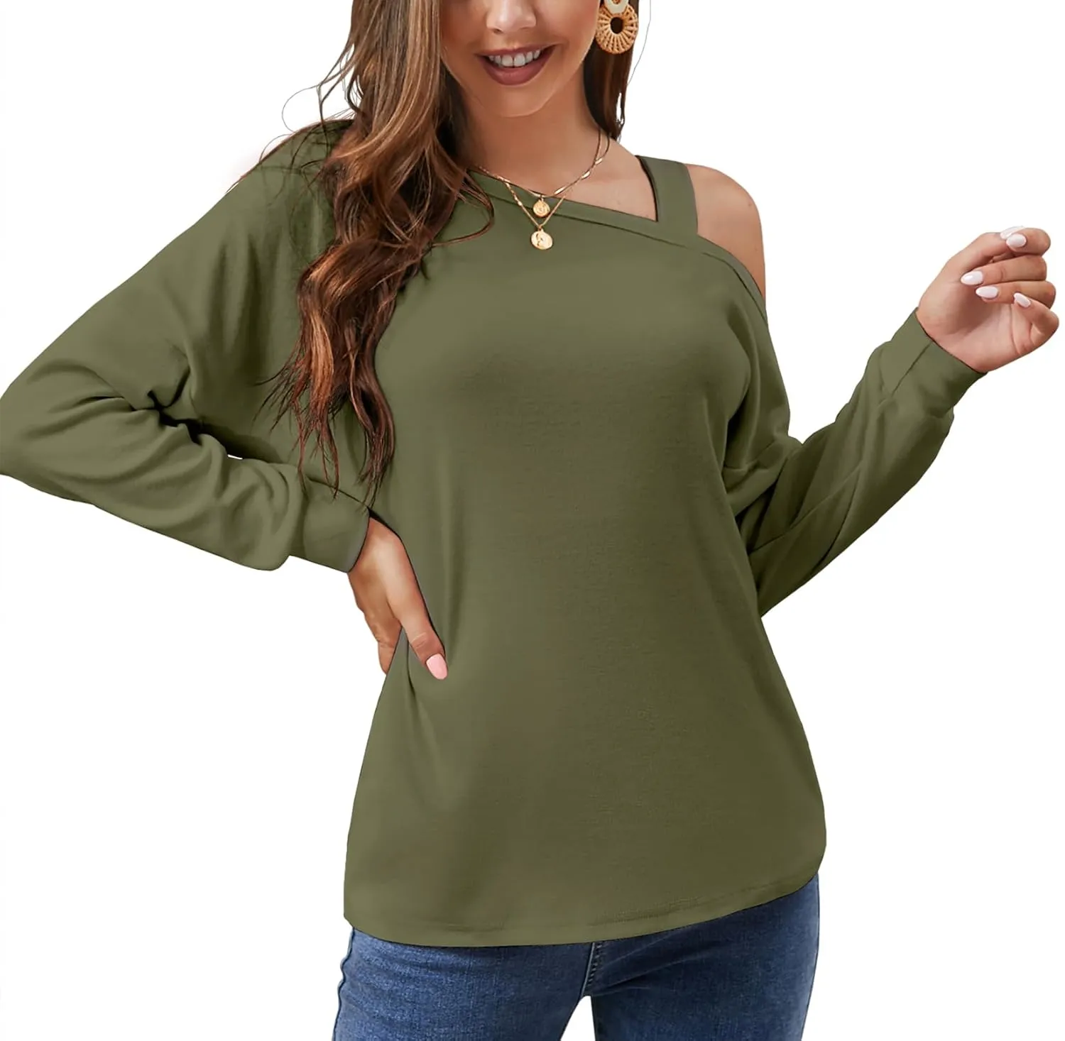 JINKESI Women's Long Sleeve Tunic Tops Casual Cold Shoulder Blouse Shirts