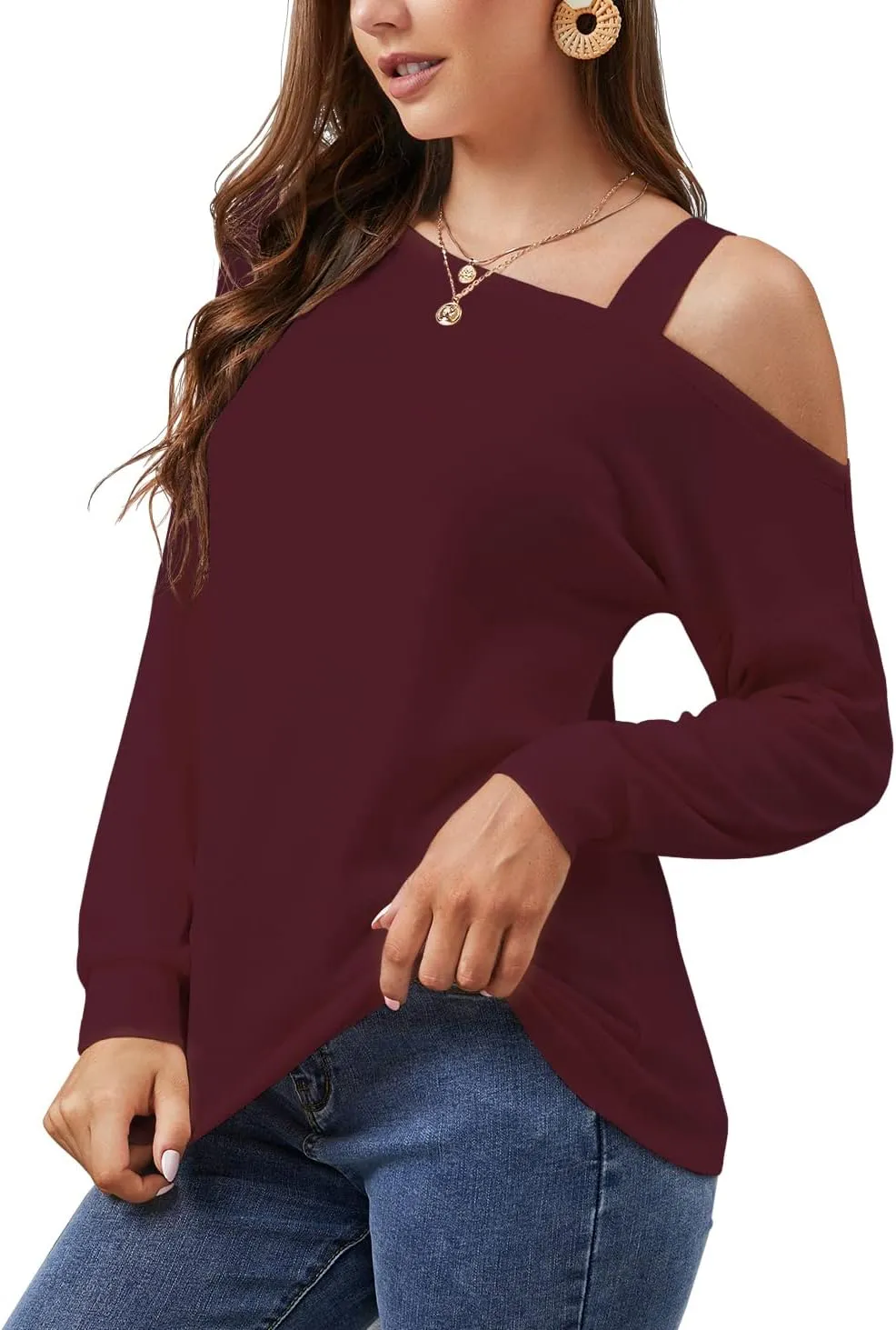 JINKESI Women's Long Sleeve Tunic Tops Casual Cold Shoulder Blouse Shirts