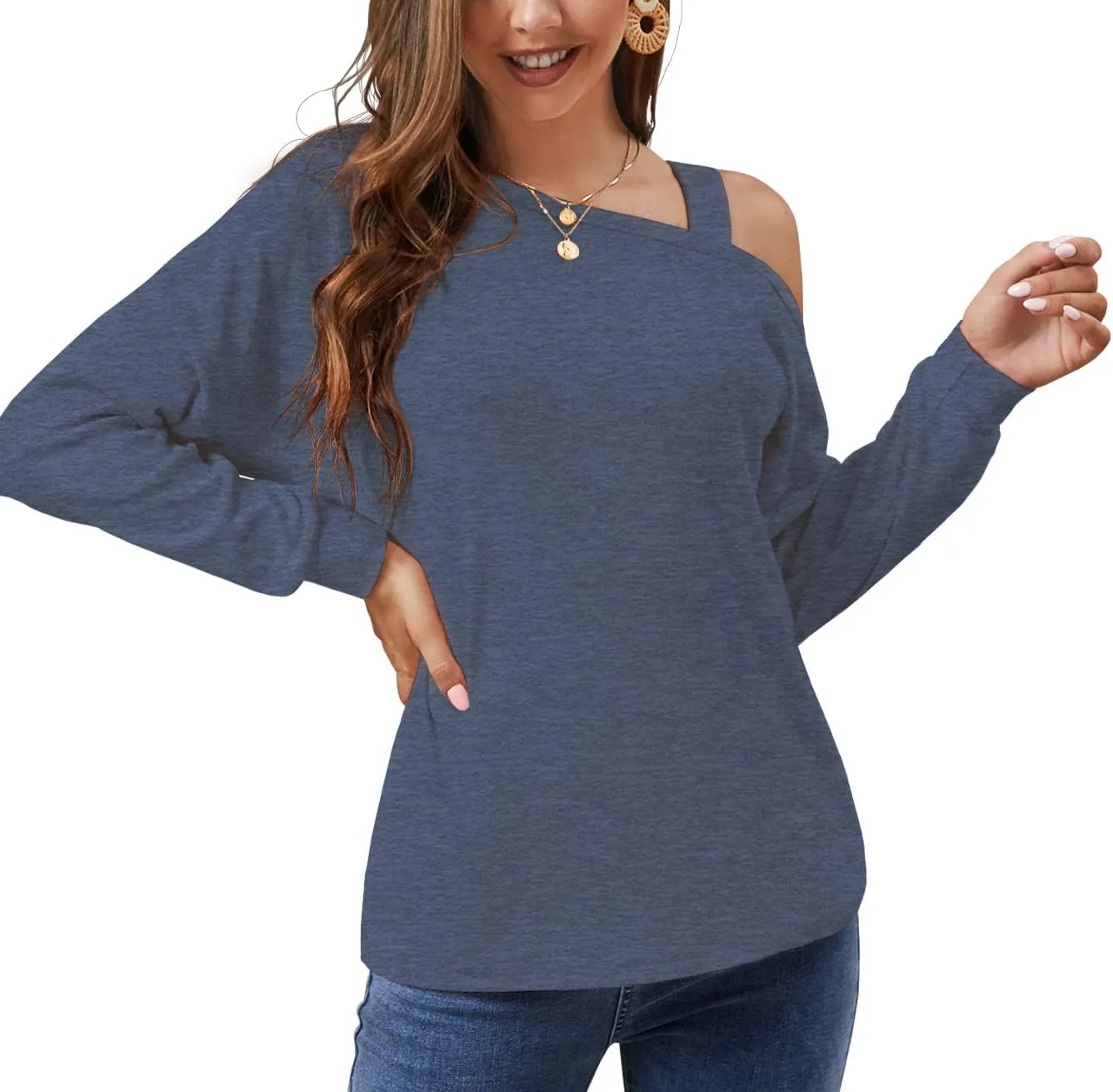 JINKESI Women's Long Sleeve Tunic Tops Casual Cold Shoulder Blouse Shirts