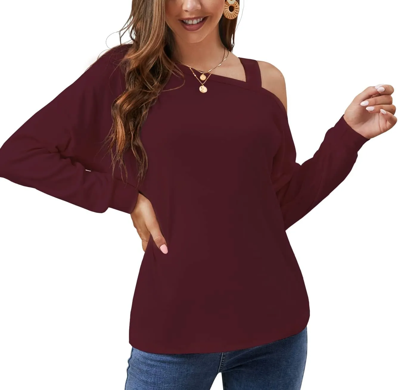 JINKESI Women's Long Sleeve Tunic Tops Casual Cold Shoulder Blouse Shirts