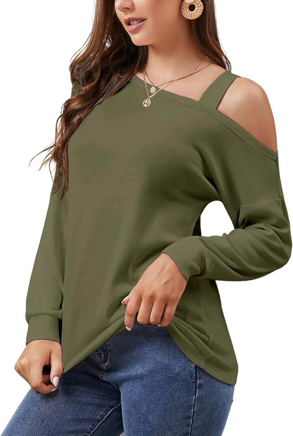 JINKESI Women's Long Sleeve Tunic Tops Casual Cold Shoulder Blouse Shirts