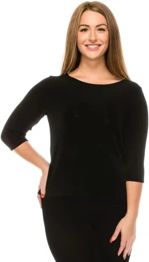 Jostar Women's Basic T Shirts - 3/4 Sleeve Scoop Neck Soft Wrinkle Free Solid Top with Side Slit