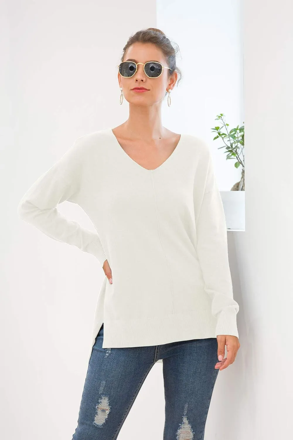 Jouica Women's Casual Lightweight V Neck Batwing Sleeve Knit Top Loose Pullover Sweater
