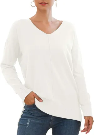 Jouica Women's Casual Lightweight V Neck Batwing Sleeve Knit Top Loose Pullover Sweater