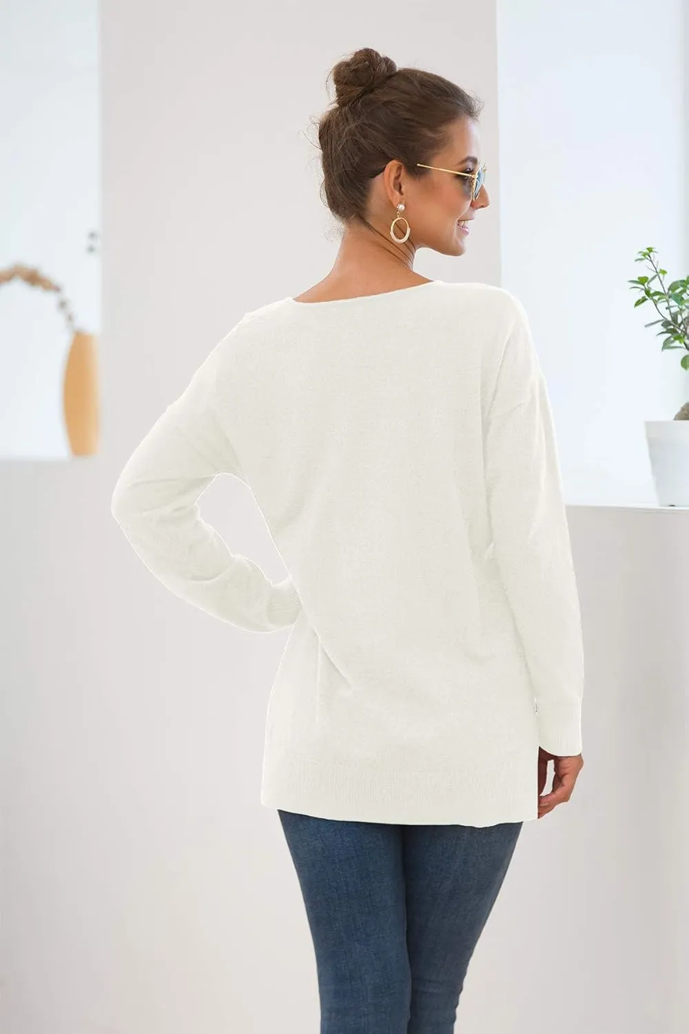 Jouica Women's Casual Lightweight V Neck Batwing Sleeve Knit Top Loose Pullover Sweater