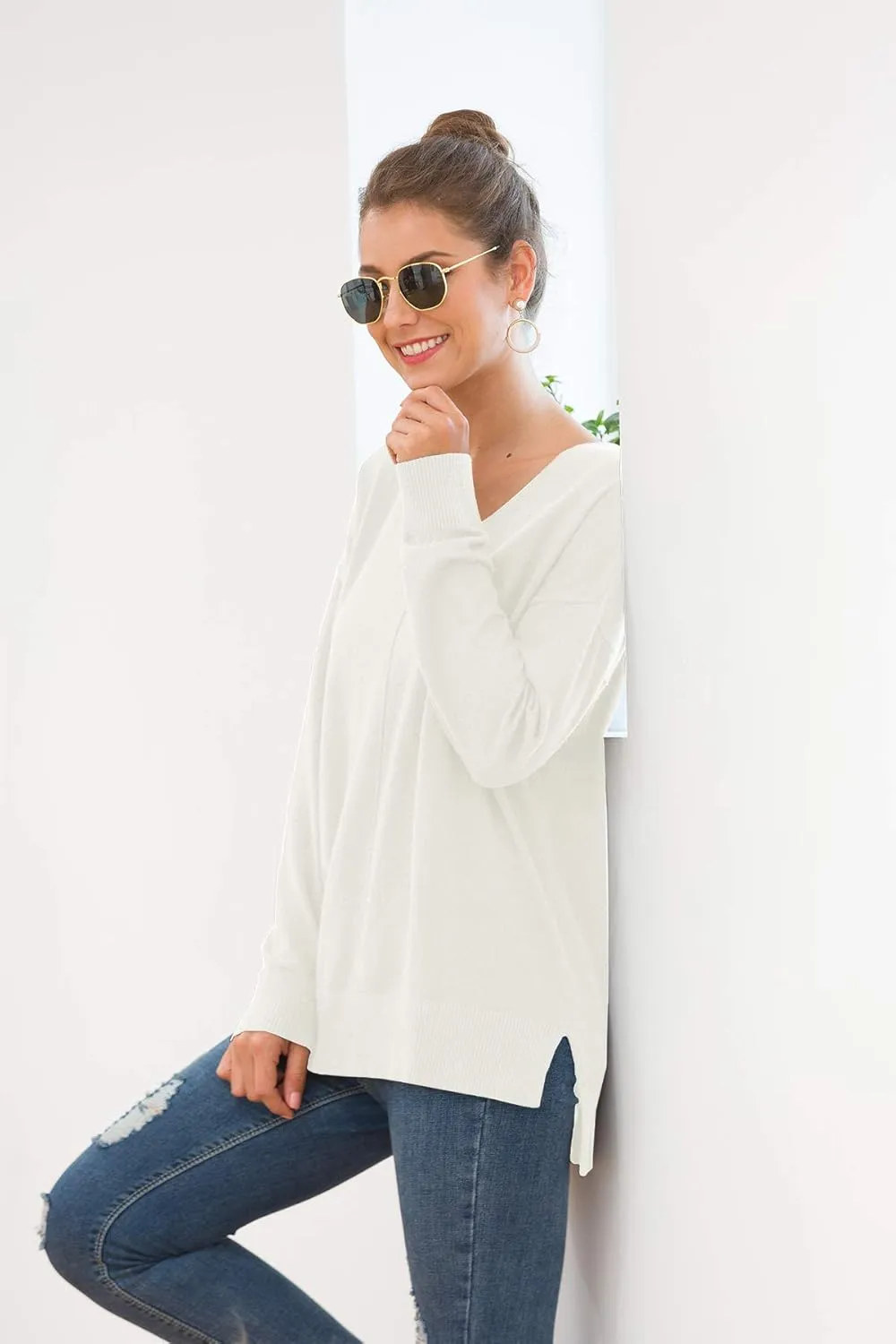 Jouica Women's Casual Lightweight V Neck Batwing Sleeve Knit Top Loose Pullover Sweater